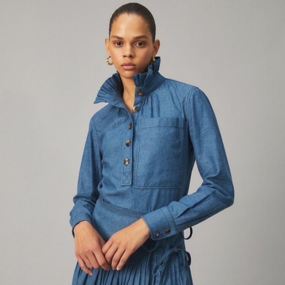 Tory Burch Chambray Ruffle Neck Blouse Size 2 Cotton Linen Blue